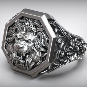 Silver Lion Men Ring, Lion Head Ring, African Lion Ring, Statement Rings, Animal Signet Rings, Gift For Men, Gift for Fathers