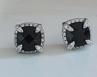 Chatelaine stud earrings with 8x8mm natural black onyx and simulated pave diamonds in 925 sterling silver