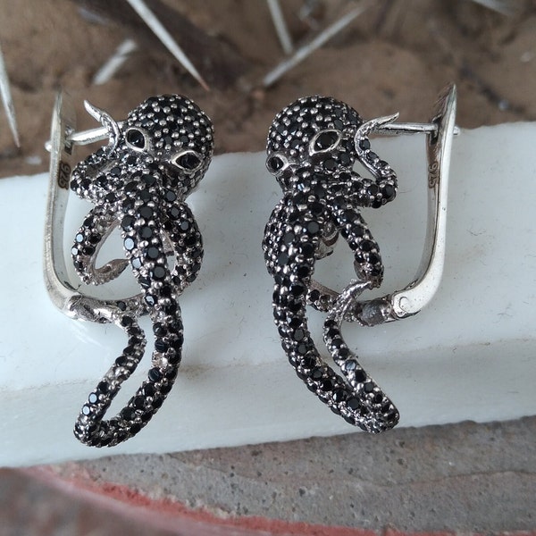 2 Carat Round Brilliant Cut Octopus Black Diamonds Earrings in 925 Sterling Silver G-H VS1 Gifts for Her, black diamonds earrings for women
