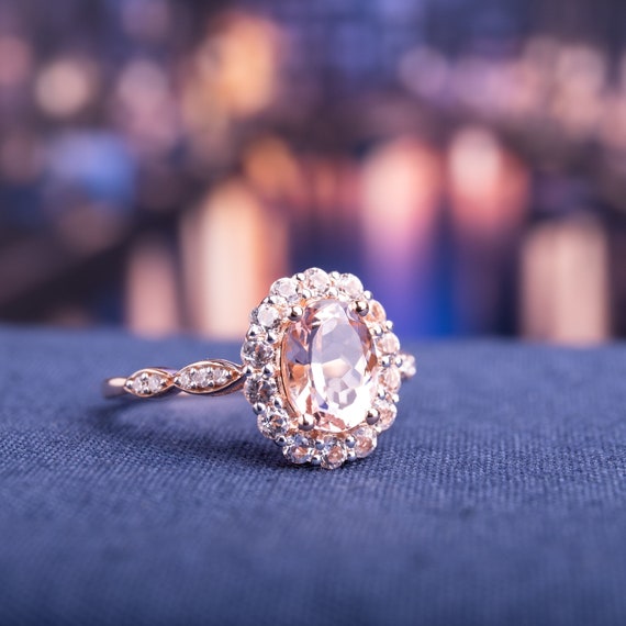 18k Rose Gold Pave Halo Cushion Morganite Peach Beige Diamond Halo Eng –  ASweetPear