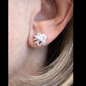 925 sterling silver small crossover stud earrings with pave diamonds