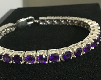 Bezel Set Gemstone Bracelet Signed INDO KC 925 Vintage Sterling Silver Amethyst Tennis Bracelet Oval Cut Amethyst Stones 8 Long