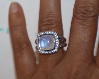 925 sterling silver albion ring with natural 11x11mm  natural rainbow moonstone and simulated pave diamonds