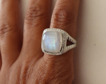 925 sterling silver albion ring with natural 15x15mm  rainbow moonstone and simulated pave diamonds