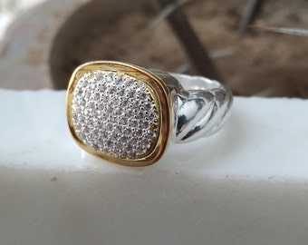 Sterling Silver 18k Gold over Two Tone Noblesse Ring with 0.90ct Pave Diamond