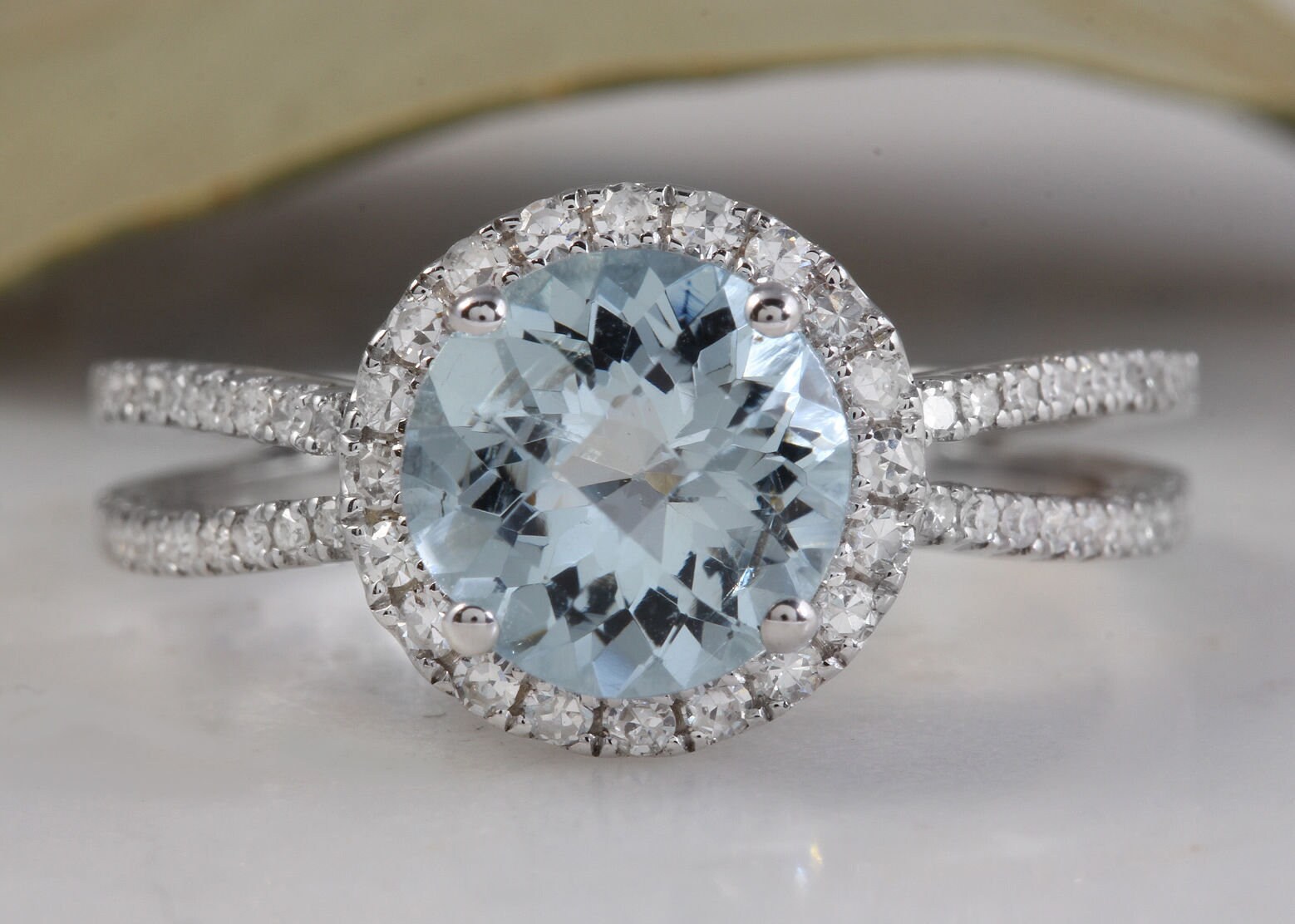 Round Aquamarine Ring 14K White Gold for Engagement Diamond | Etsy