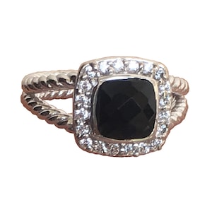 925 sterling silver petite albion ring with natural 7x7mm  black onyx and diamonds