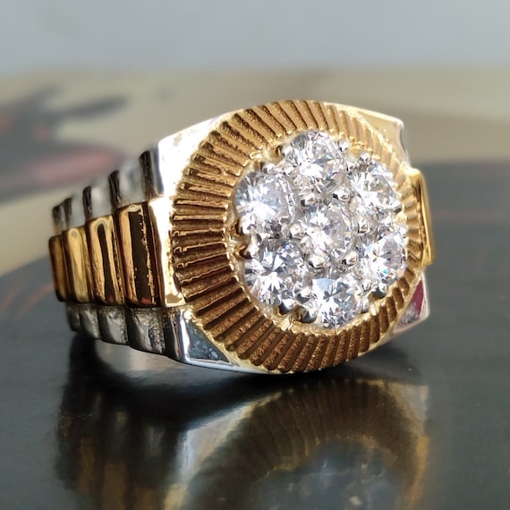 Mens Rolex Style Diamond Ring 14K Yellow & White Gold