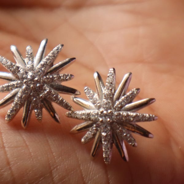 925 sterling silver starburst stud earrings with pave diamonds