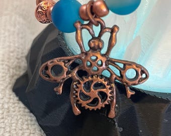 Hand-crafted Agate Stone Bead Stretch Bracelet with Copper Toned Accents and Steampunk Insect