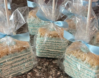 Chocolate dipped Rice Krispie Pops Gender reveal, baby shower, wedding, birthday