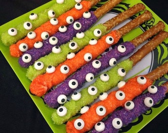 Monster chocolate dipped pretzel rods