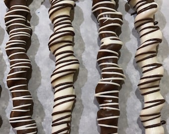 Chocolate dipped CARAMEL Pretzel Rods Graduation, Company gifts , Baby shower, gender reveal, wedding, birthdays