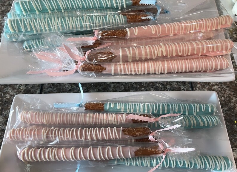 Chocolate Dipped Pretzel Rods Baby Shower Gender Reveal Etsy