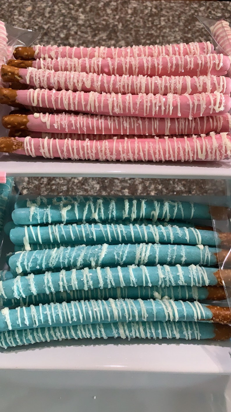Chocolate Dipped Pretzel Rods Baby Shower Gender Reveal Etsy