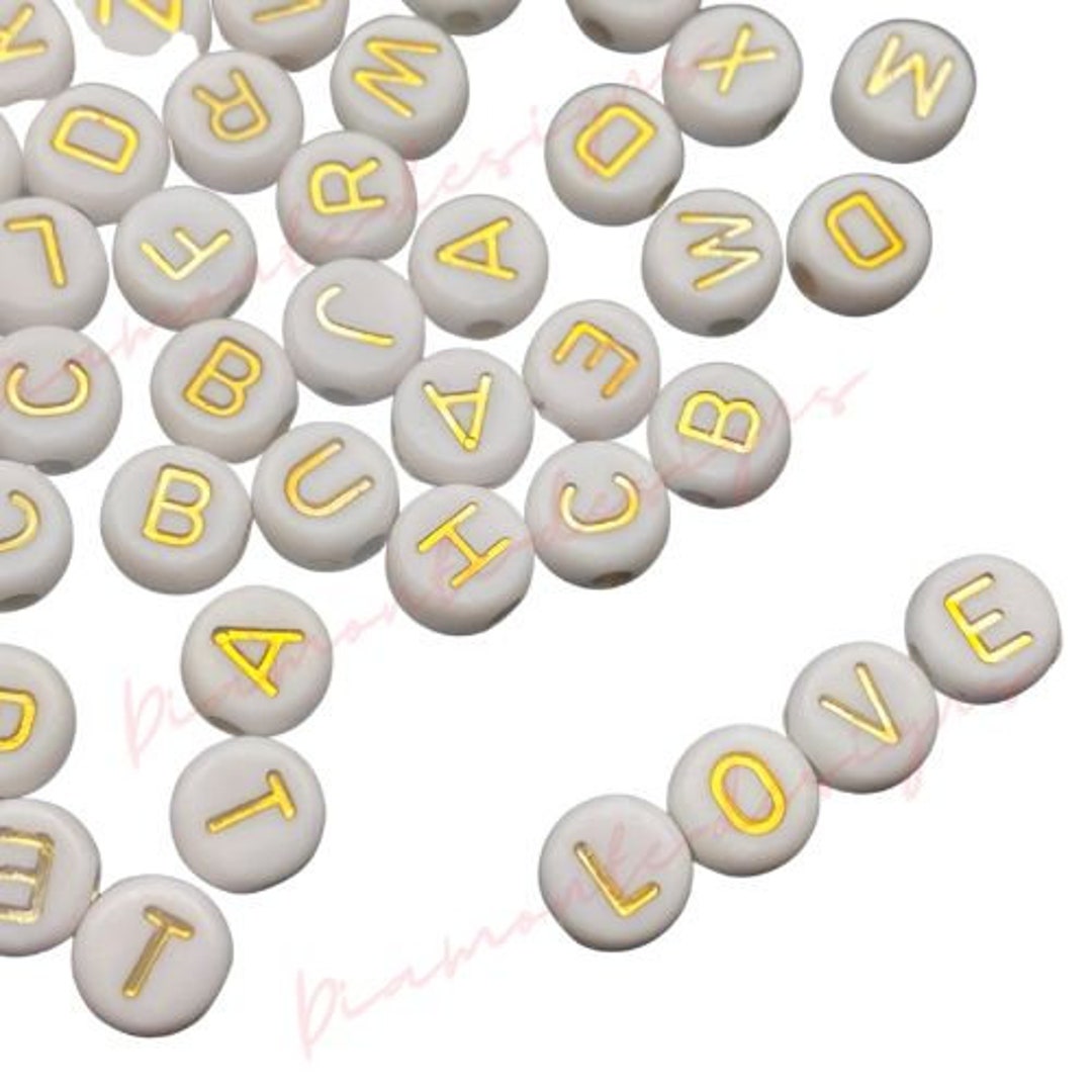 White Opaque 7mm Coin Alpha Beads - Gold Letter C (100pcs)