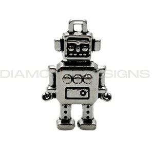 May include: A silver robot charm with a round head and a body with three round buttons. The robot has a small antenna on top of its head and two arms with hands.