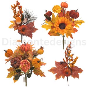 May include: Four artificial autumn floral arrangements featuring orange and red pumpkins, yellow sunflowers, maple leaves, pinecones, and berry sprigs. Each bundle is composed of various seasonal elements in shades of gold, brown, and orange.