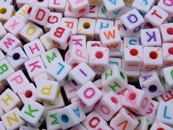 50 Pcs - 10mm Random Letter Mix Colour Cube Alphabet Letter Beads Kids  Beads D216