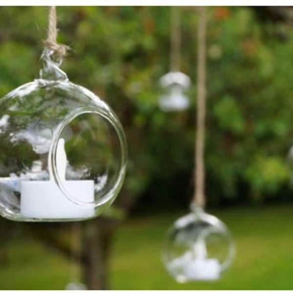 Klare hängende Glaskugel Ball Teelicht Kerzenhalter Hochzeit Garten Decor Kugeln