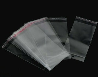 100 Pcs - Clear Self Adhesive Cello Bag With Hole Jewellery 20cm x 9cm E347