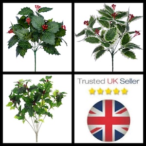 Premium Artificial Xmas Holly Bush & Berries Berry 7 Stems Christmas Wreath UK