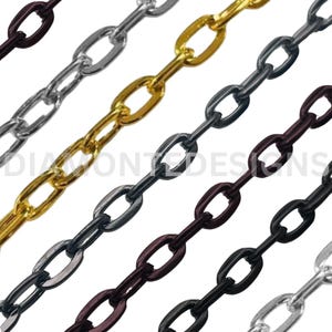 May include: Close-up of several metal chains in various colors, including gold, silver, black, and brown. The chains are linked together in an oval shape, and are arranged diagonally across the image.