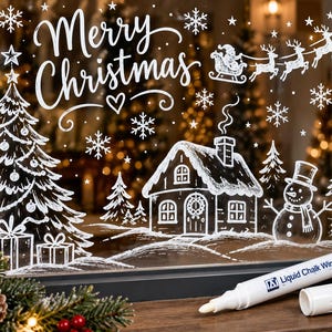 May include: A white liquid chalk window pen with a cap next to a window featuring a white hand-drawn illustration of a Christmas tree, a house, a snowman, snowflakes, and a sleigh with reindeer, along with the text Merry Christmas.