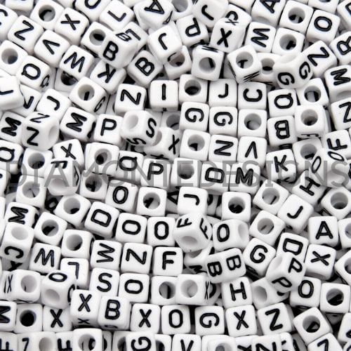 100pcs Acrylic Square Letter Beads (6mm) White Beaded With Black Letters  For Diy Keychains, Beading Accessories