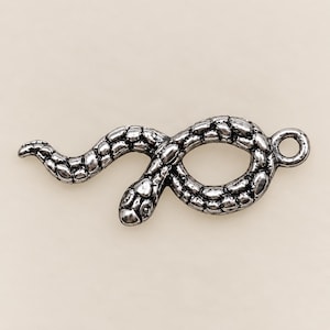 May include: A silver-toned metal snake charm featuring a textured, scaled surface. The snake is depicted in a coiled, winding position with its head facing downward and a small circular loop attached to the end of its tail for hanging purposes.