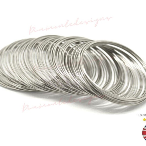 50 x silberfarbene Memory Wire PerlenSchlaufen 60 - 65mm Durchmesser 1mm E9