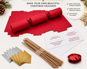 Rotes Weihnachtsknaller-Set / DIY-Sets: Basteln Sie Ihre eigenen Weihnachtsknaller mit Druckknöpfen und Knallbonbons / Basteln Sie Ihre eigenen Weihnachtsknaller