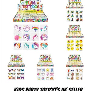 72 Childrens Temporary Tattoos Kids Loot Party Bag Fillers Boys Girls Super Hero Unicorn Pirate Pets etc