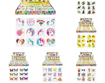 72 Childrens Temporary Tattoos Kids Loot Party Bag Fillers Boys Girls Super Hero Unicorn Pirate Pets etc