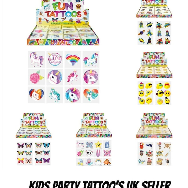 48 Childrens Temporary Tattoos Kids Loot Party Bag Fillers Boys Girls Super Hero Unicorn Pirate Pets etc