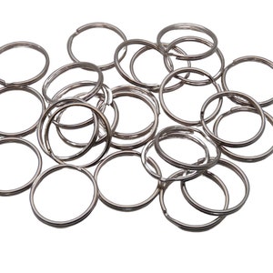 Puede incluir: Un montón de llaveros plateados, un accesorio común utilizado para sujetar llaves a un llavero.