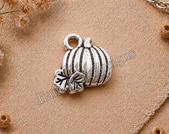 May include: A silver-toned metal pumpkin charm featuring vertical ridges and a small leaf detail at the base. The charm includes a circular loop at the top for attachment, showcasing a metallic finish with dark recessed areas to highlight the texture.
