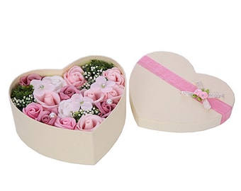 Large Ivory Heart Love Flower Box with Pink Soap Roses & flowers Valentine Gift Valentines UK