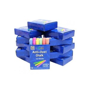 May include: A stack of blue boxes containing 12 assorted color anti-dust chalk sticks. The box has the text "Bright Ideas Anti-Dust Chalk 12 Sticks Assorted Colours" printed on it.