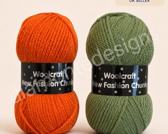 May include: Two balls of Woolcraft New Fashion Chunky yarn, one in a vibrant orange and the other in a muted olive green. Each ball features a black paper label with white text reading Woolcraft New Fashion Chunky and small star icons.
