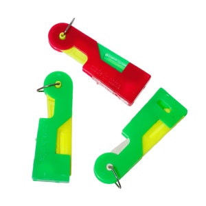 May include: Three green and yellow plastic needle threaders with a small metal loop. Each threader has a small blade for cutting thread.