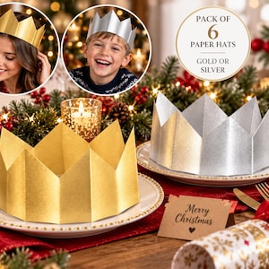 May include: A pack of 6 paper hats in gold or silver. The set includes metallic crown-shaped party hats with pointed edges. The circular text on the packaging reads PACK OF 6 PAPER HATS GOLD OR SILVER, and a small card displays Merry Christmas.