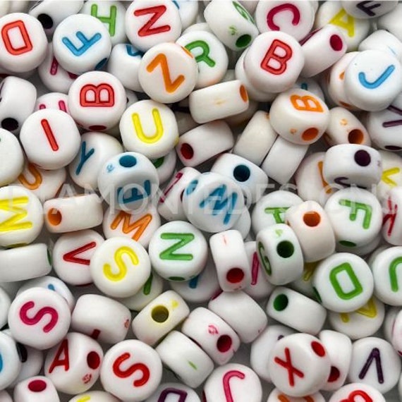 100 Pcs - 7mm White Alphabet Letter Beads Mixed Colour Round Kids Beads E304