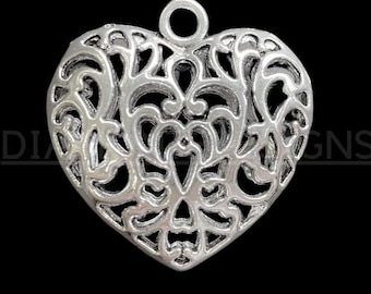 Large Puffed Filigree Tibetan Silver Heart Pendant Necklace Gift