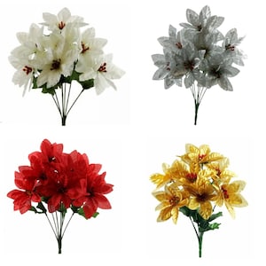 Artificial Red White Gold Or Silver Poinsettia Flower Bunch x 7 stems Christmas UK SELLER