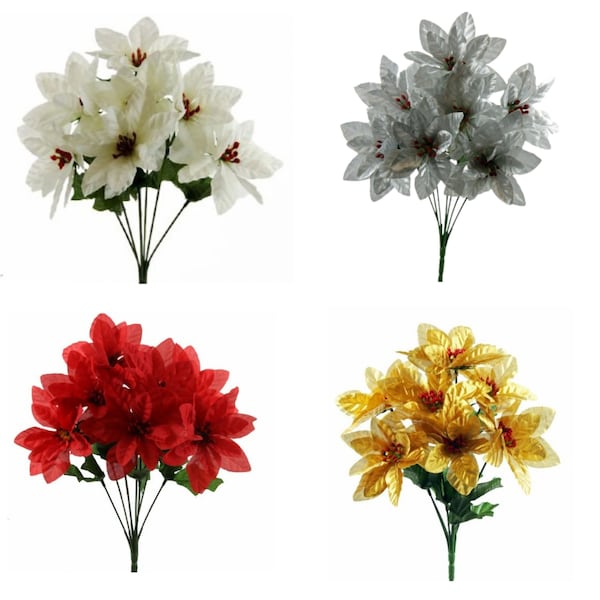 Artificial Red White Gold Or Silver Poinsettia Flower Bunch x 7 stems Christmas UK SELLER