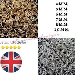 May include: A large quantity of gold and silver jump rings in various sizes. The sizes are listed as 4mm, 5mm, 6mm, 7mm, 8mm, and 10mm.
