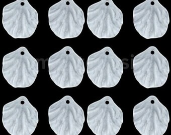 May include: Twelve translucent, shell-shaped pendants with a textured surface and a small hole at the top for stringing. The pendants are arranged in three rows of four against a black background.