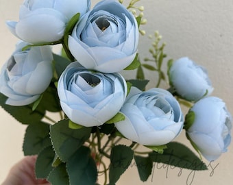 28cm Artificial Ranunculus Bush for DIY Floral Arrangements, Wreaths, and Home Decor Crafts Baby Blue Baby Pink & Ivory