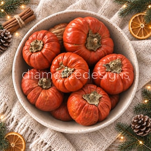 May include: A speckled ceramic bowl filled with several small, vibrant orange pumpkins with textured stems. The bowl is surrounded by cinnamon sticks, pinecones, and dried orange slices, with the text "diamondesigns" overlaid in white.